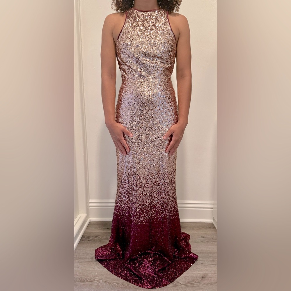 LuLu’s Sequin Rose Gold to Burgundy Ombré Gown